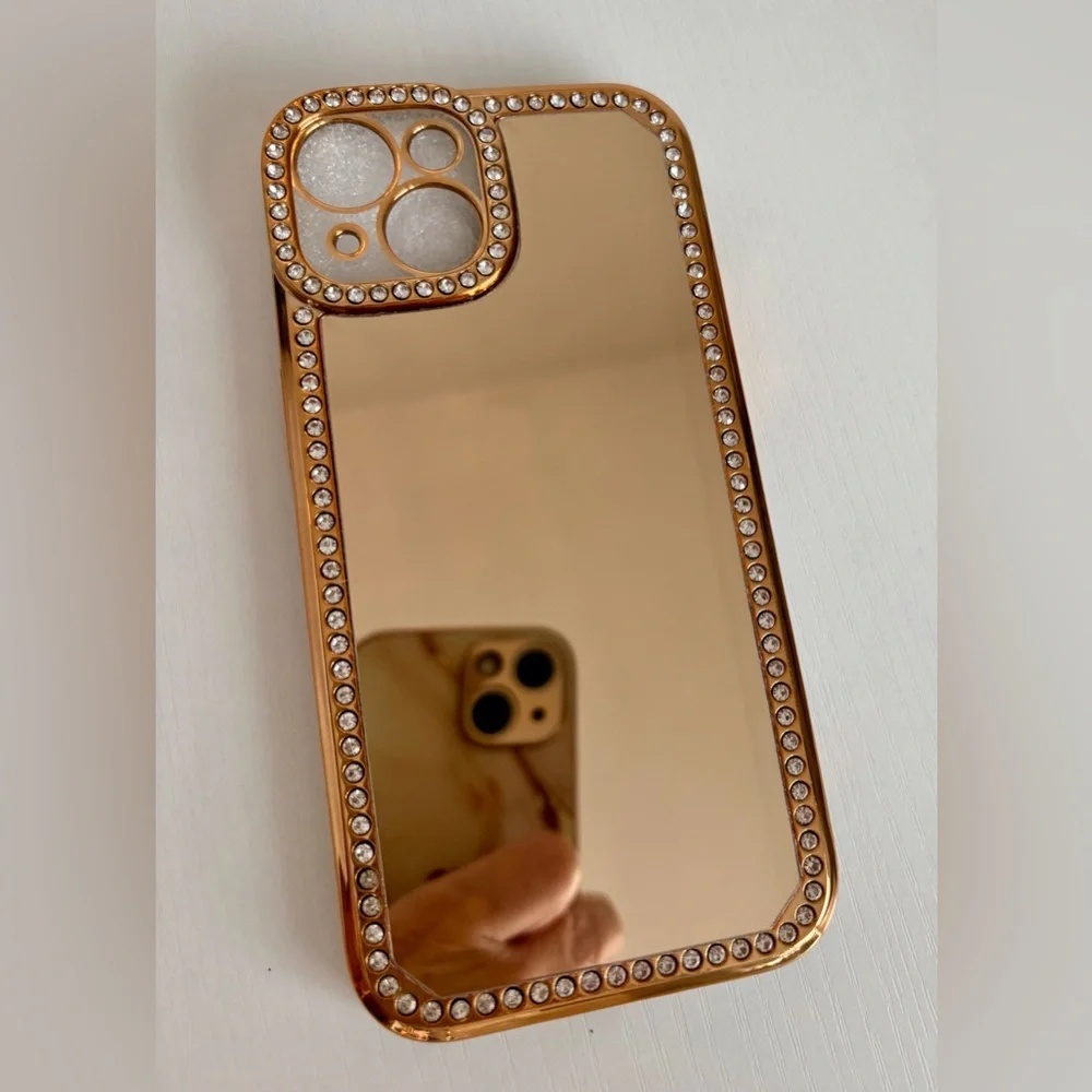 Gold Bling Crystal iPhone 15 Case - Mirror Protective Cover